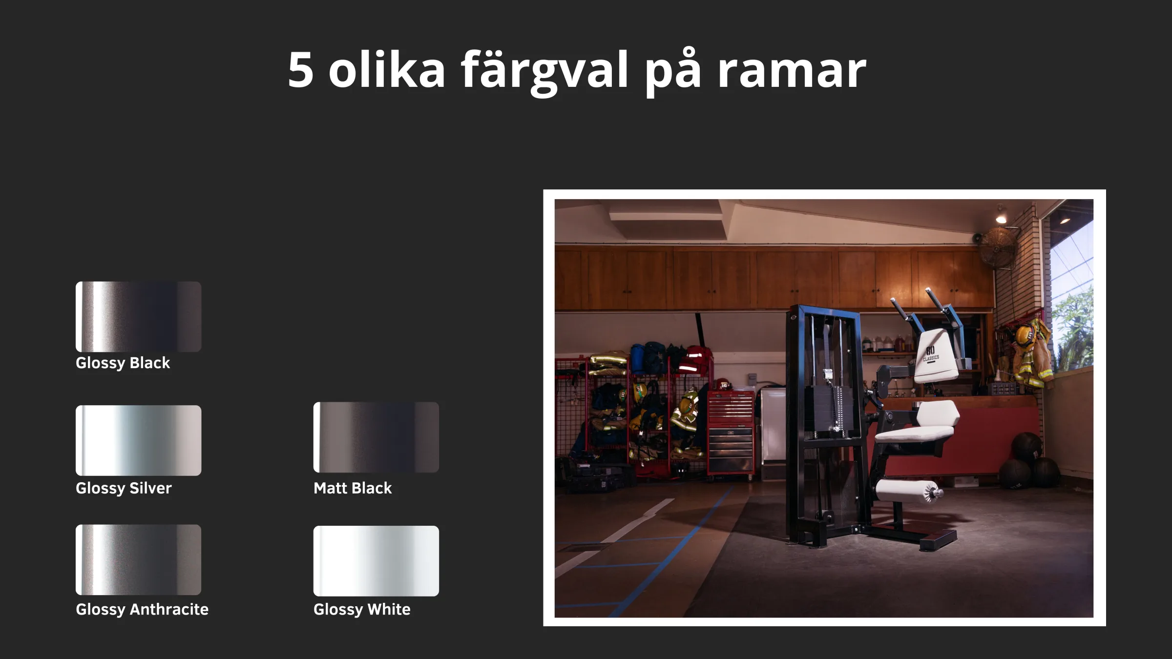 5 olika färgval på ramar: Glossy Black, Glossy Silver, Matt Black, Glossy Anthracite, Glossy White